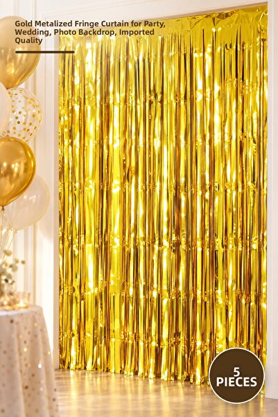 Yenilig 5 Pcs Backdrop Curtain – Gold Metalized Fringed Decorative Curtain Pa...