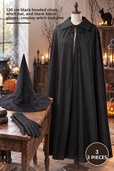 Yenilig 3-Piece Witch Costume Set – 120 cm Black Cape with Collar, Witch Hat ...