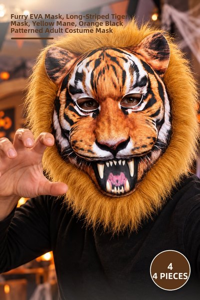 Yenilig 4 Pcs Tiger Mask – Eva Mask with Hair, Long Spikes Teeth Tiger Mask, ...
