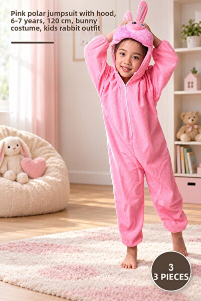Yenilig 3 Pieces Children's Rabbit Costume - Pink Fleece Jumpsuit with Headge...