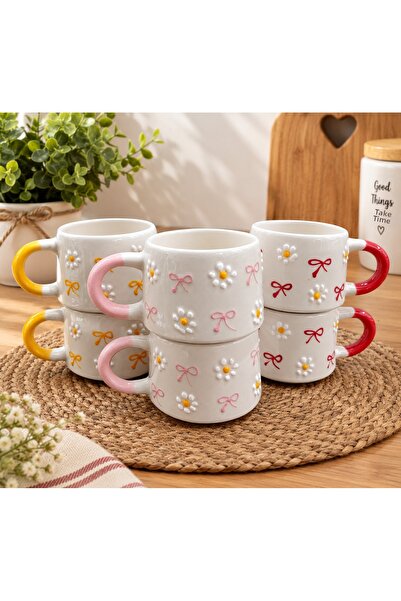 aktas seramik Pink-Red-Yellow Bowknot Daisy Patterned 6-Piece Set Ceramic Mug...