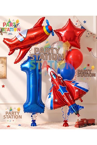 Parti Station Airplane and Jet Pilot Concept 1-Year-Old Foil Balloon Set - 7 ...