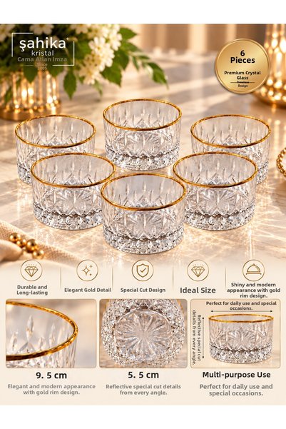 Şahika Kristal cama atılan imza 6-Piece Lara Gold Snack, Dessert and Appetizer Multi-Purpose Cutting Crystal Bowl Set