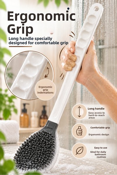 Awesomecrochet Long Handle Silicone Back Scrubber – Body Cleansing Shower Brush – Ergonomic Handle Bath Brush