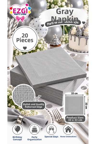 Ezgi Party Store 20 Pieces Gray Napkins 33X33 cm Birthday Concept Party Table...