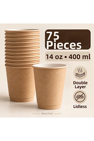 Köksal Pack 75 Pcs 14 oz Double Wall Kraft Coffee Cups Without Lids Double Wa...