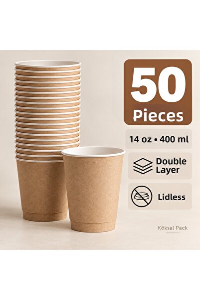 Köksal Pack 50 Pcs 14 oz Double Wall Kraft Coffee Cup Without Lid Double Wall...