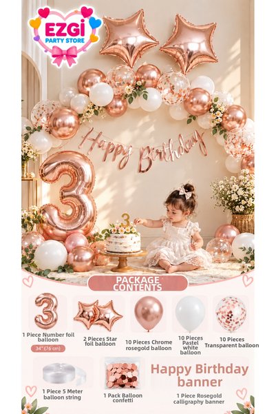 Ezgi Party Store Rosegold Age Birthday Concept Number Foil Balloon Balloon De...