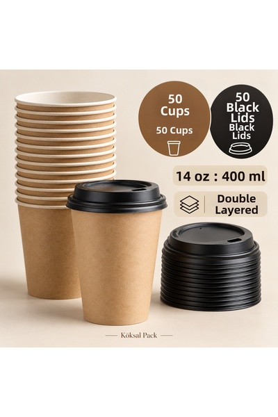 Köksal Pack 50 Pcs 14 oz Double Wall Kraft Coffee Cups + 50 Black Lids Double...