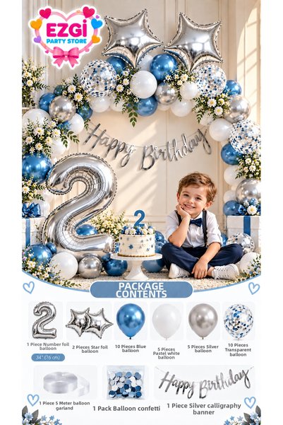 Ezgi Party Store Blue Silver Age Birthday Concept Number Foil Balloon Balloon...