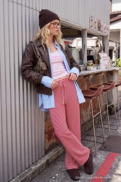 Trendyol Collection Red Striped Wide Leg Elastic Waist Regular Waist Soft Kni...