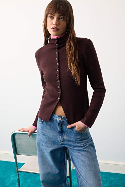 Trendyol Collection Brown High Neck Ruffle Closure Knitwear Cardigan Twoaw27H...