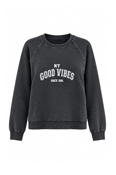 Trendyol Collection Anthracite Slogan Printed Oversize/Wide Cut Raglan Sleeve...