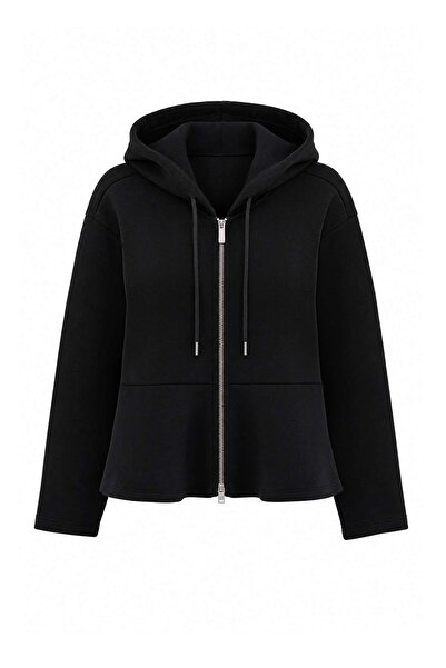 Trendyol Collection Black Interlock Peplum Zipper Hooded Knitted Sweatshirt T...