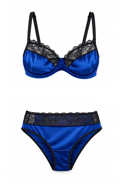 Trendyol Collection Navy Blue Velvet Lace Detailed Capless Underwear Set Thma...