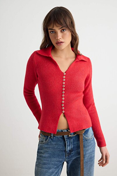 Trendyol Collection Red Soft Textured Polo Collar Fitted/Body-Hugging Knitwea...