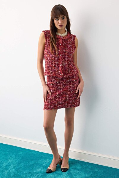 Trendyol Collection Dark Red Plaid/Checkered Crew Neck Blouse-Mini Skirt Knit...