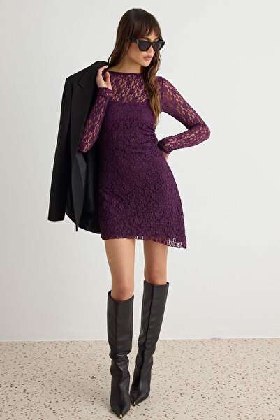 Trendyol Collection Plum Backless Asymmetrical Detailed Mini/Short Lace Stret...