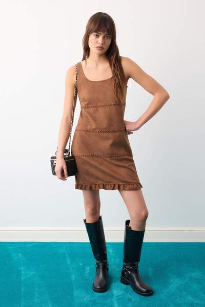 Trendyol Collection Brown Suede Stitching Detailed Bodycon/Bodycon Pool Neck ...