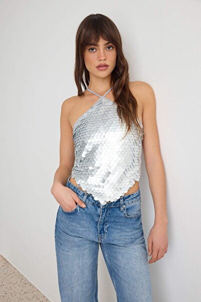 Trendyol Collection Silver Plain Asymmetric Collar Sleeveless Knitted Sequin ...