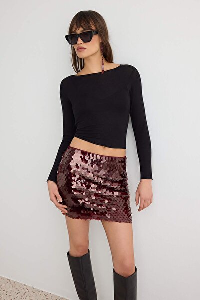 Trendyol Collection Burgundy Short/Mini Chunky Sequined Skirt Tpraw27Et00017