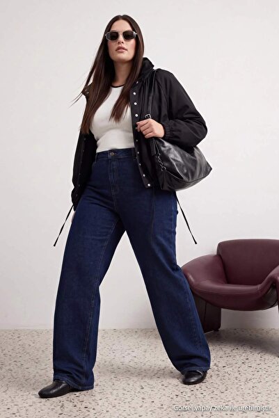 Trendyol Curve Koyu Mavi Yüksek Bel Orta Esnek Wide Leg Geniş Paça Jeans TBBA...