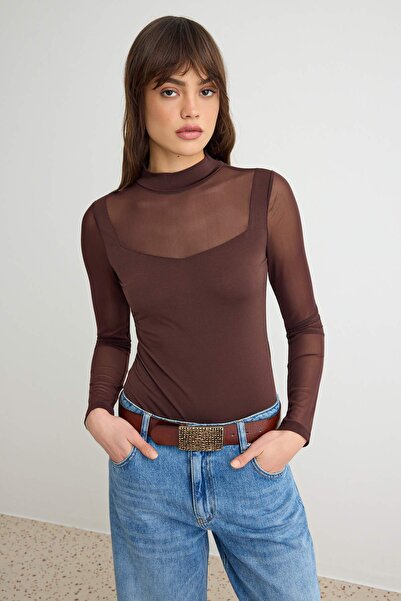Trendyol Collection Brown Fitted/Tailored Tulle Detailed High Neck Flexible S...