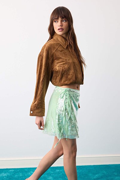 Trendyol Collection Mint Extra Short/Super Mini Wrap Sequin Skirt Tpraw27Et00006