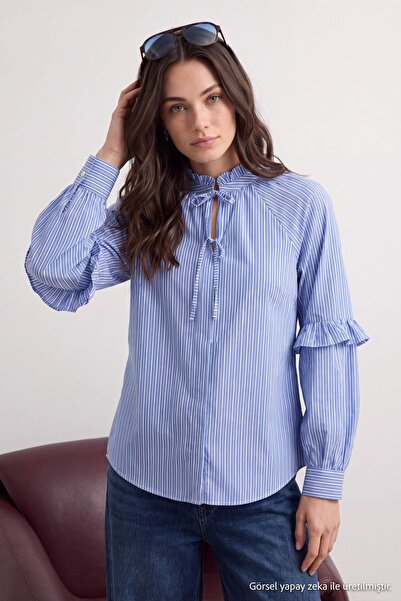 Trendyol Modest Blue Striped Oversize Shirt Tunic Tctaw27Tg00021
