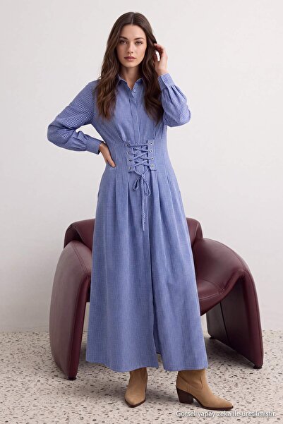 Trendyol Modest Blue Corset Lace Detailed Plaid Shirt Collar Shirt Dress Maxi...