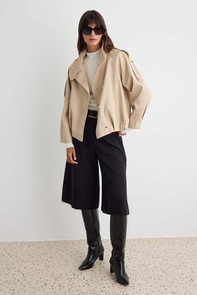 Trendyol Collection Beige Oversize Fit Stand Collar Jacket Coat Twoaw27Mo00128