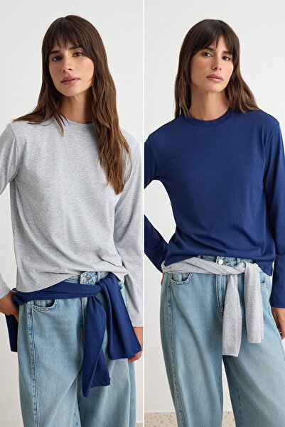 Trendyol Collection Navy Blue-Grey Melange 2-Pack 100% Cotton Regular Long Sl...