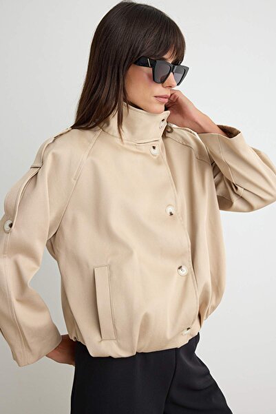 Trendyol Collection Beige Oversize Fit Stand Collar Jacket Coat Twoaw27Mo00128