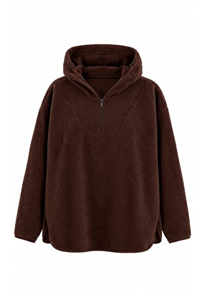 Trendyol Curve Brown Hooded Thick Fleece Knitted Oversize Sweatshirt Tbbaw23A...