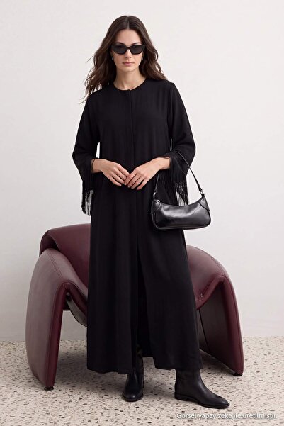 Trendyol Modest Μαύρη φούντα με λεπτομέρειες, άνετο/χαλαρό εφαρμοστό υφαντό κ...