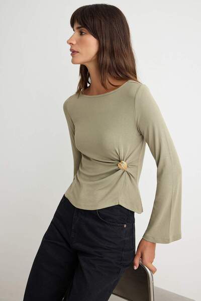 Trendyol Collection Oil Greenfitted/Skin-Fitting Boat Neck Accessory Detailed...