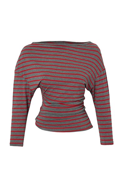 Trendyol Collection Anthracite-Red Striped Asymmetrical Collar Gathered Waist...