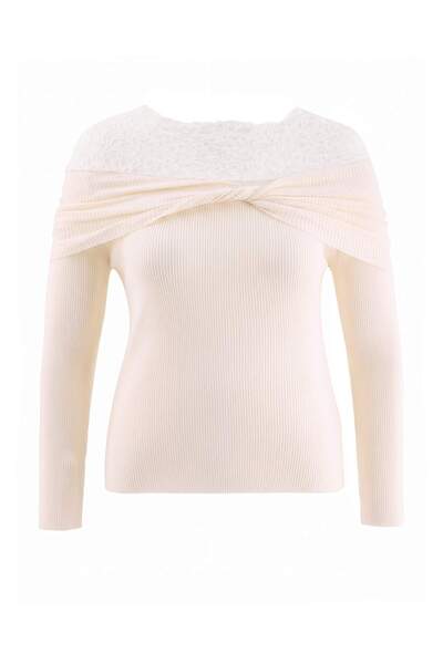 Trendyol Curve Ecru Lace Detailed Premium Yarn/Special Yarn Knitwear Large Si...
