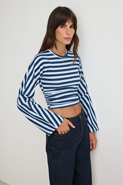 Trendyol Collection Blue Striped Spanish Sleeve Gathered Detailed Regular Fit...