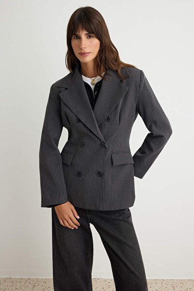 Trendyol Collection Anthracite-Multicolor Blazer Jacket Twoaw27Bc00065