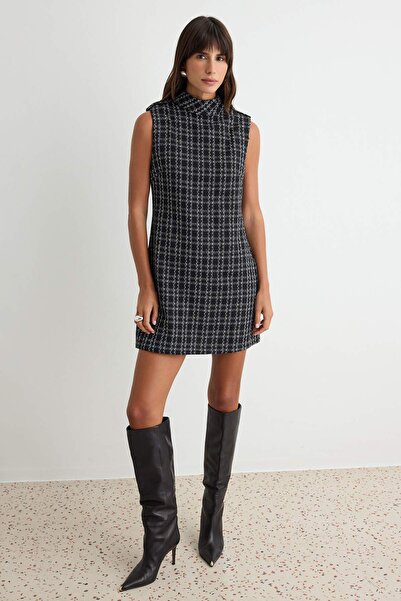 Trendyol Collection Black Plaid High-Neck Mini Dress Twoaw27El00245