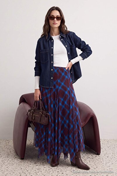 Trendyol Modest Multi-Colored Plaid Patterned Maxi Length Skirt with Asymmetr...