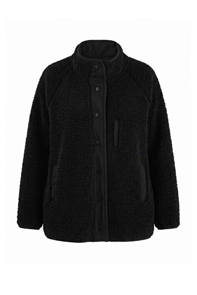 Trendyol Curve Black Relax Fit Zippered Plush Knitted Sports Jacket Tbbaw27Ag...
