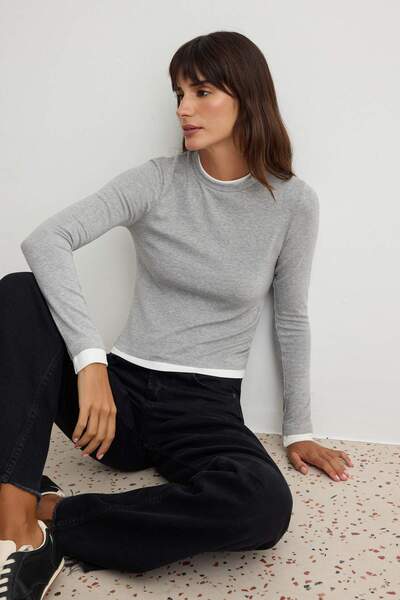 Trendyol Collection Snow Melange Color Block Fitted Viscose/Soft Fabric Flexi...