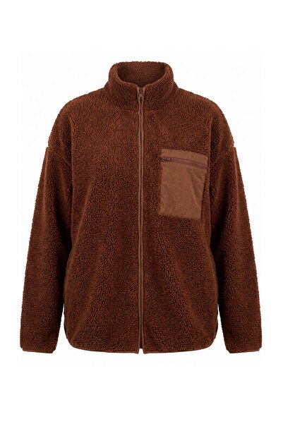 Trendyol Curve Winter Essentials Brown Thick Fleece Zippered High-Neck Pocket...