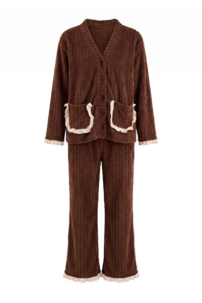 Trendyol Collection Brown Plain Frilly Wellsoft Knitted Pajamas Set Thmaw27Pt...