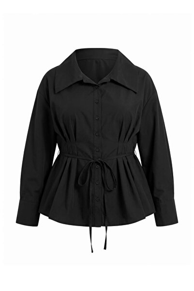 Trendyol Curve Black Wide Collar Lace-Up Stylish Woven Large Size Shirt Tbbaw...