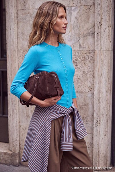 Trendyol Collection Turquoise Three Quarter Sleeve Buttoned Viscose Ribbed Kn...
