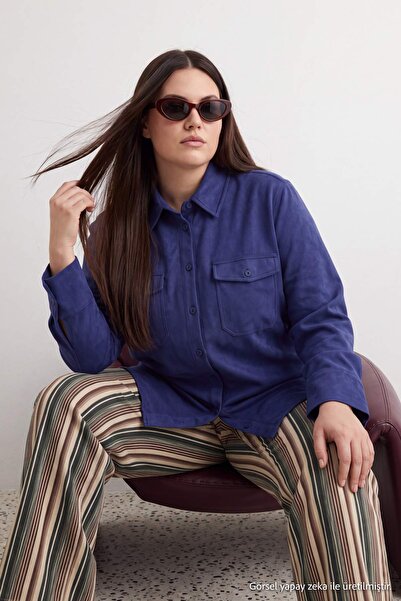 Trendyol Curve Navy Blue Pocketed Suede Woven Oversized Shirt Tbbaw27Ax00027
