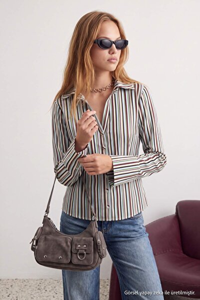 Trendyol Collection Green-Multicolor Striped Fitted Cotton Shirt Twoaw27Go00134